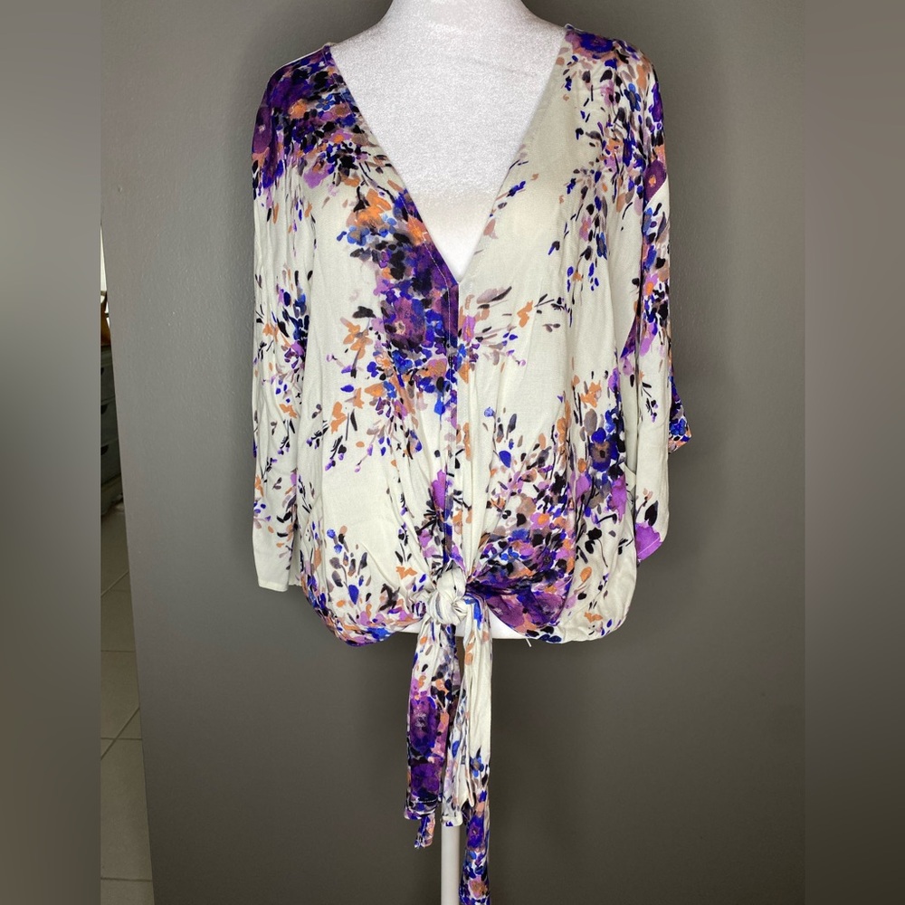 Lovestitch Kimono Style Floral Tie-Front 3/4 Sleeve Blouse - Size S - Picture 3 of 7